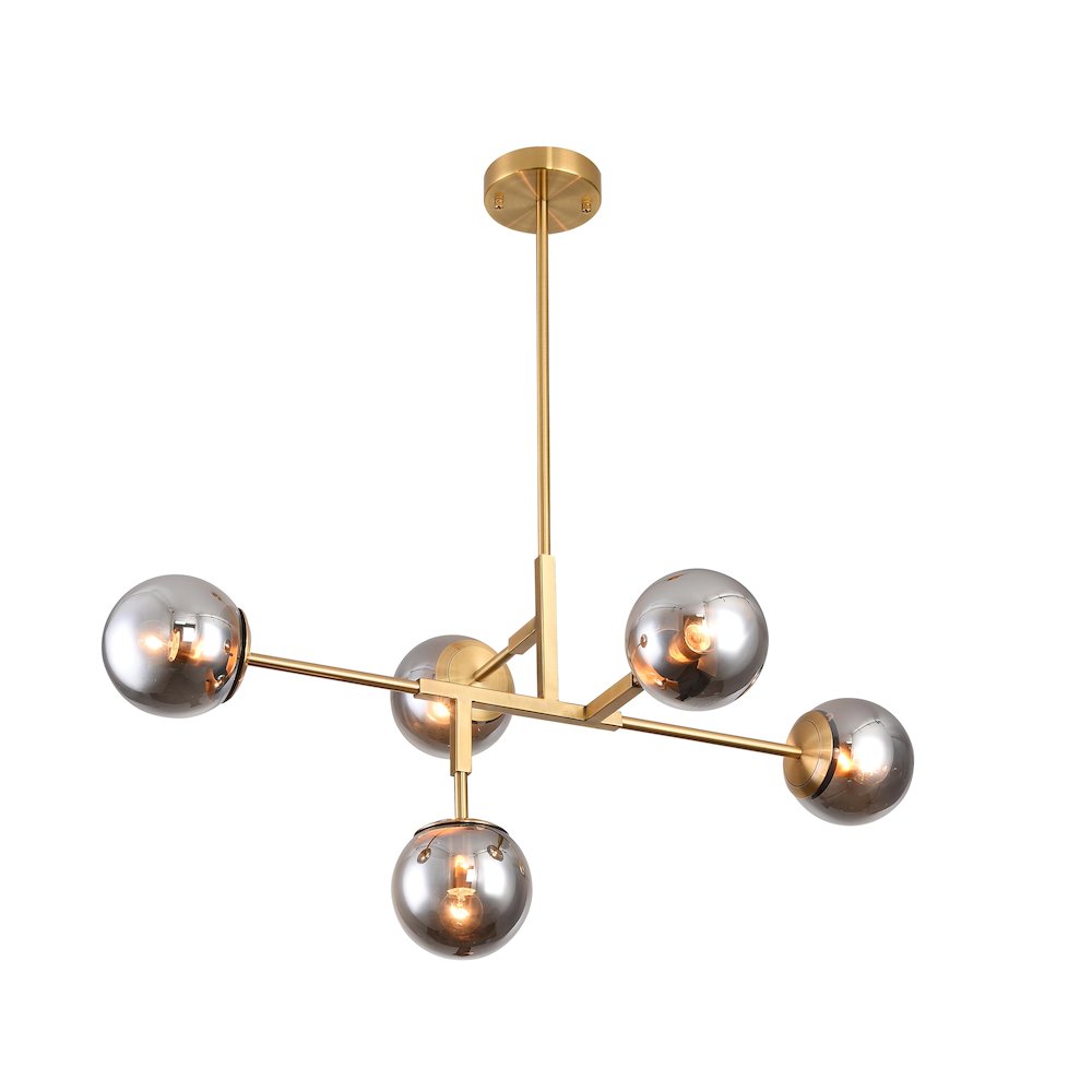 5-Light Gold Chandelier With Smoke Glass Shades. Picture 1