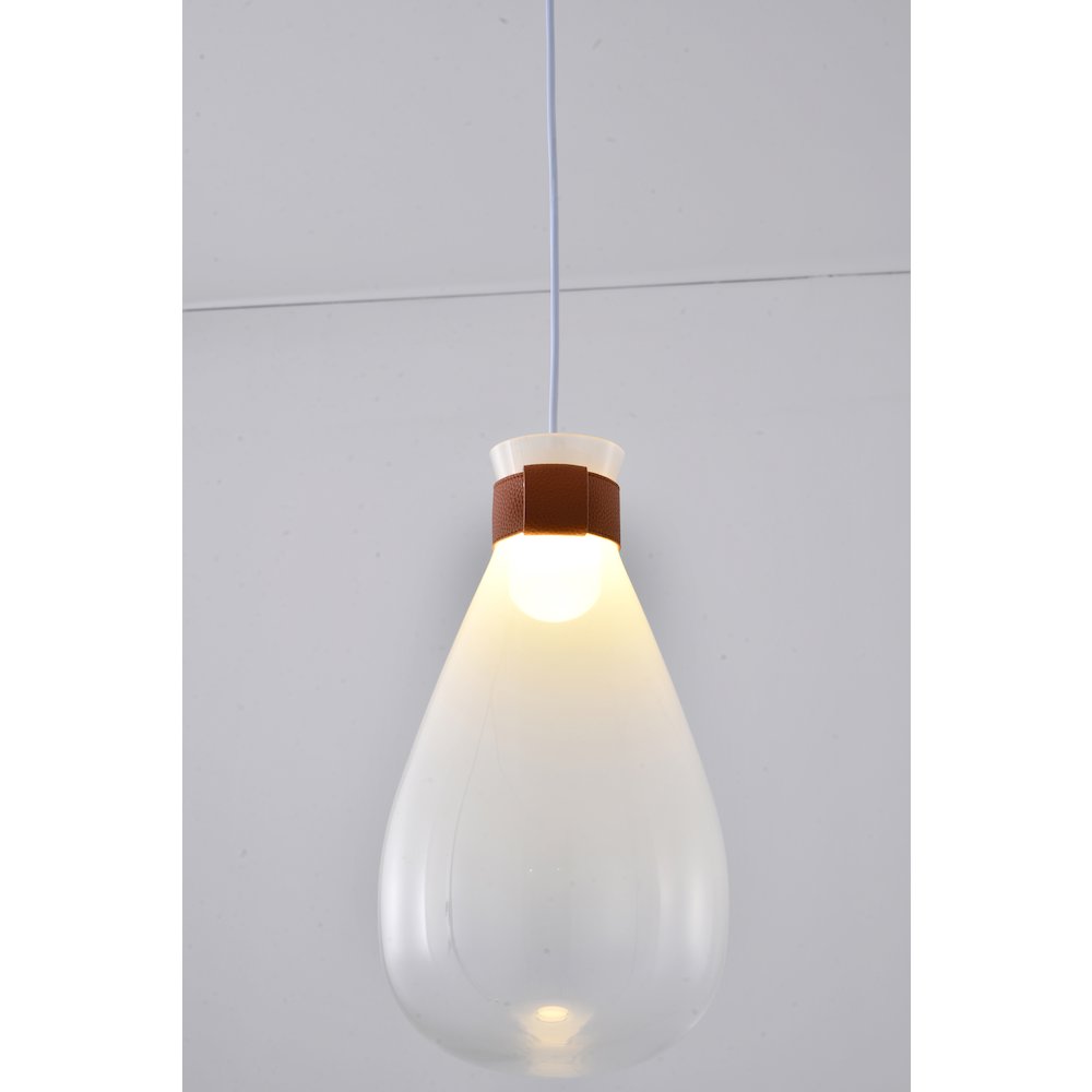 1-Light White Frosted Glass Pendant With A Leather Band. Picture 2