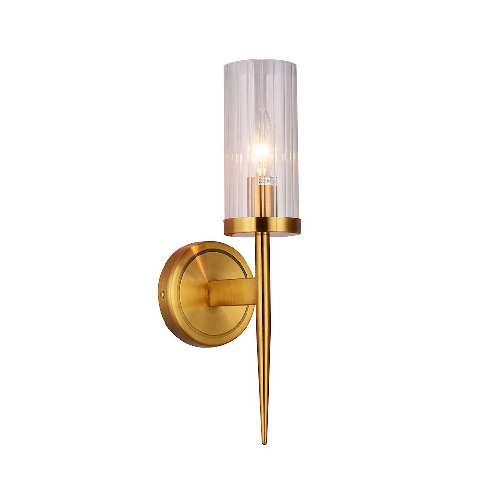 1-Light Antique Brass Metal Wall Sconce With A Clear Glass Shade. Picture 1