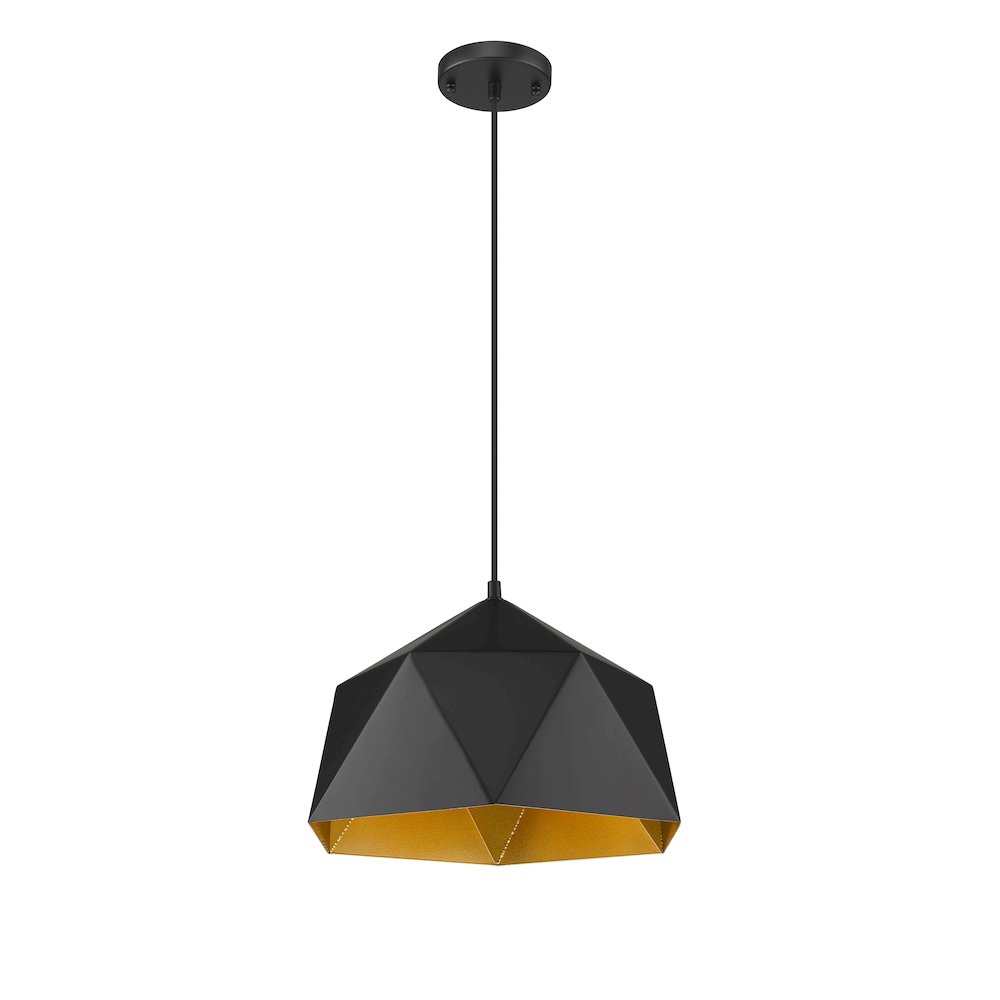 1-Light Black Metal Shade Pendant With A Gold Interior. Picture 2
