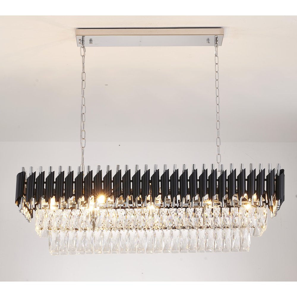 12-Light black and chrome chandelier, clear hanging crystals. Picture 3