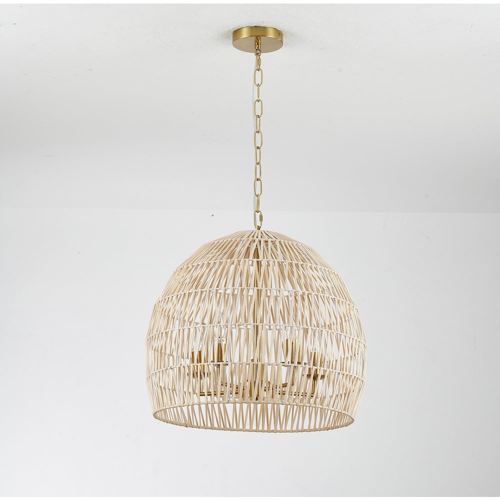 5-Light Brass Chandelier With A Natural White Wood Vine Basket Shade. Picture 2