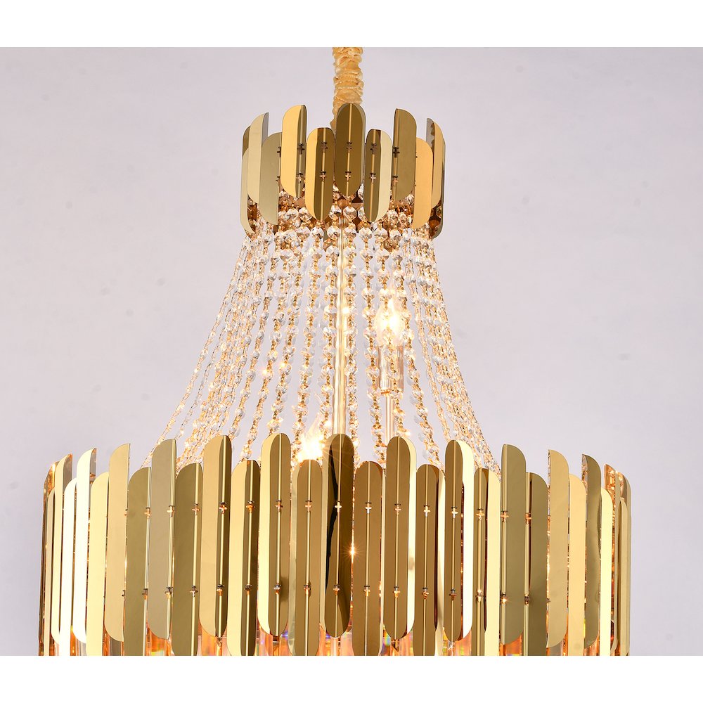 15-Light Gold Stainless Steel Chandelier With Clear Crystal Accents. Picture 4