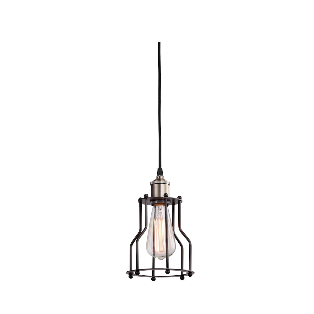 1-Light Black Cage Single Pendant With Brass Hardware. Picture 2