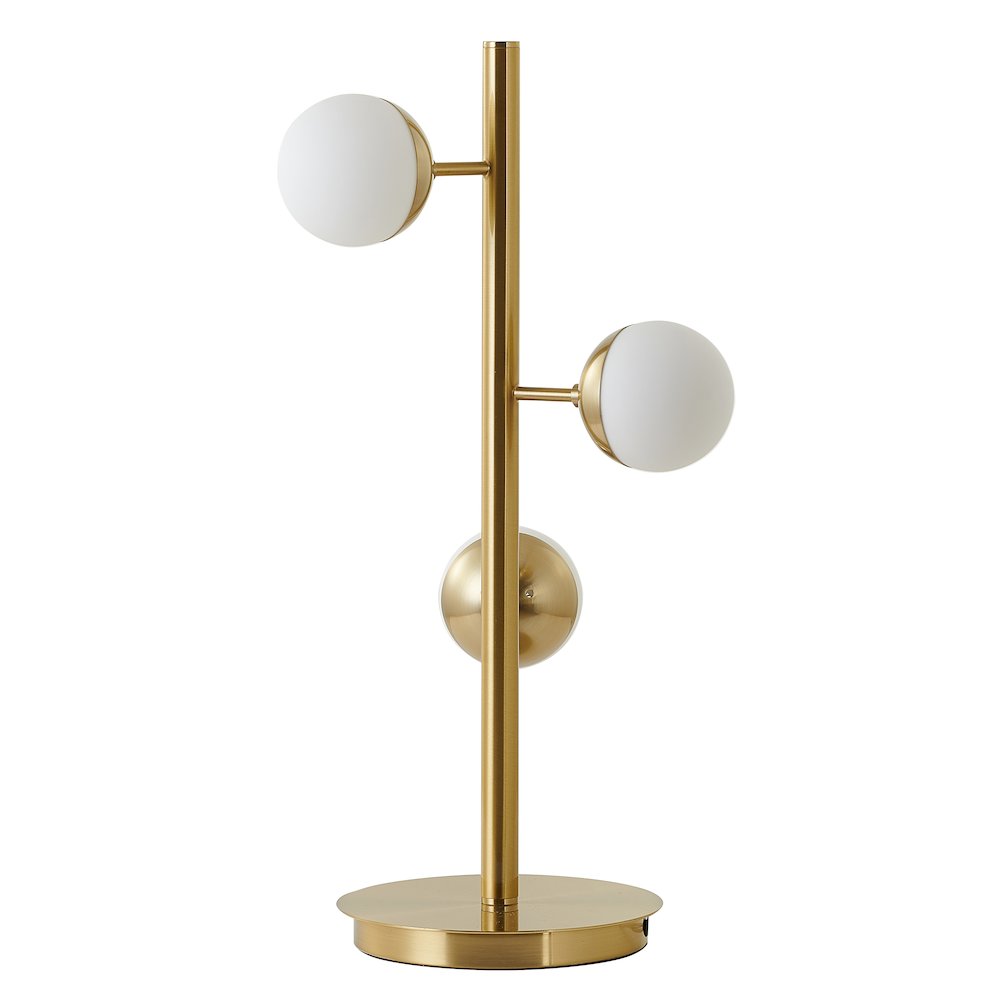 3-Light Brass Metal Table Lamp With White Glass Shades. Picture 2