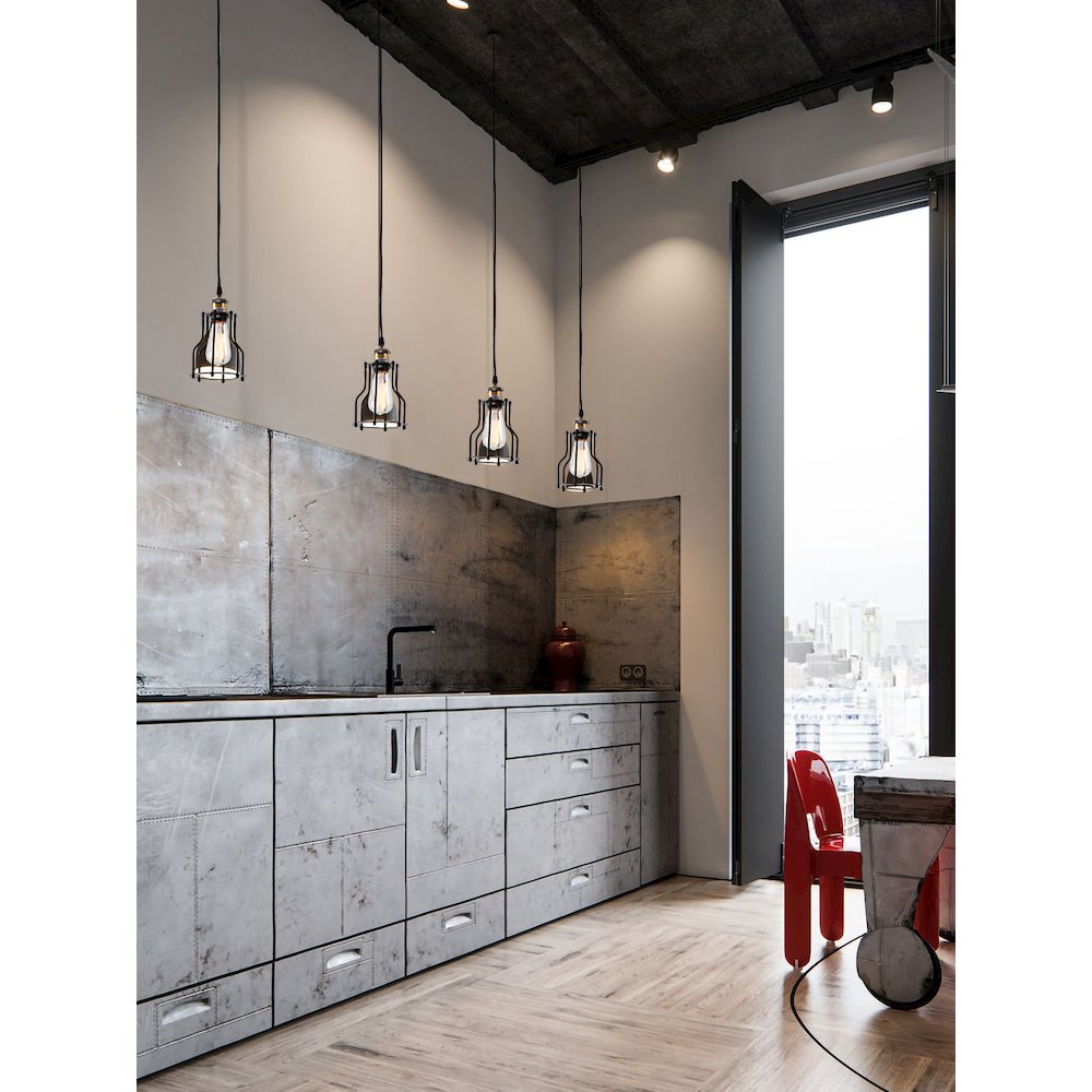 1-Light Black Cage Single Pendant With Brass Hardware. Picture 4