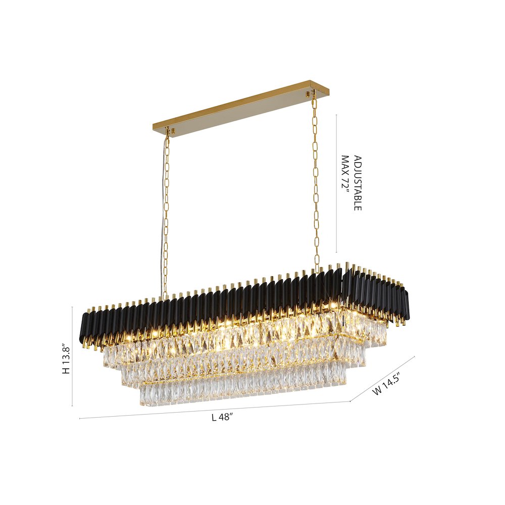 14-Light black and gold chandelier, clear hanging crystal in a rectangular shape. Picture 13