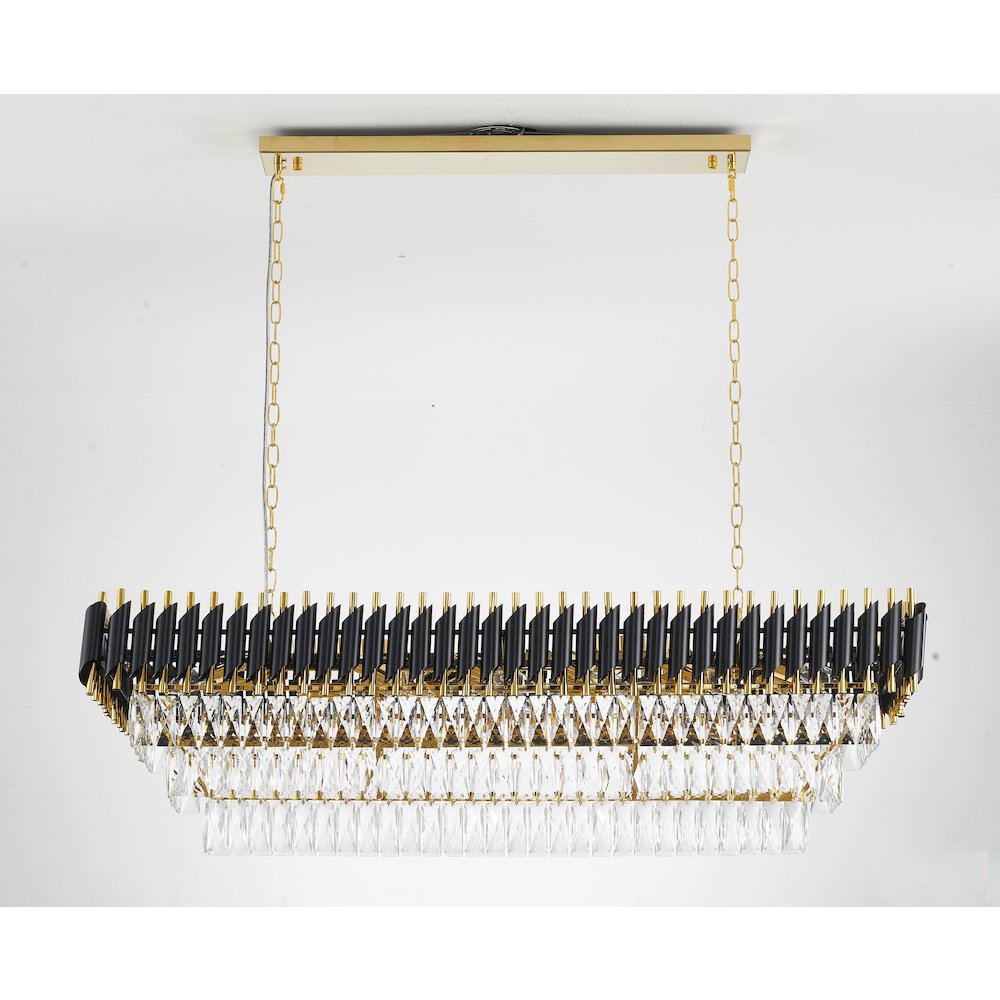 14-Light black and gold chandelier, clear hanging crystal in a rectangular shape. Picture 5