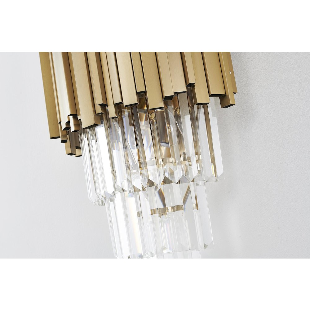 3-Light Brushed Gold Wall Sconce With Clear Hanging Crystals. Picture 3