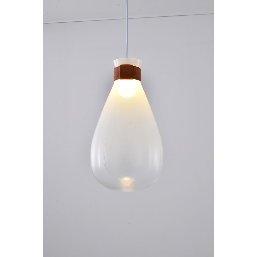 1-Light White Frosted Glass Pendant With A Leather Band. Picture 4