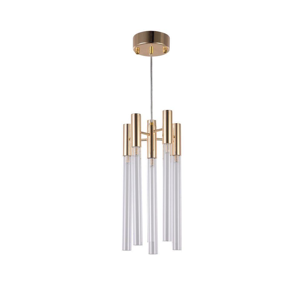6-Light Gold Single Pendant With Clear Glass Tubes. Picture 2