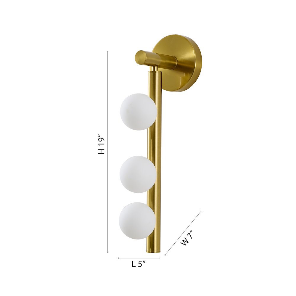 3-Light Satin Brass Metal Wall Sconce With Whtie Glass Shades. Picture 6
