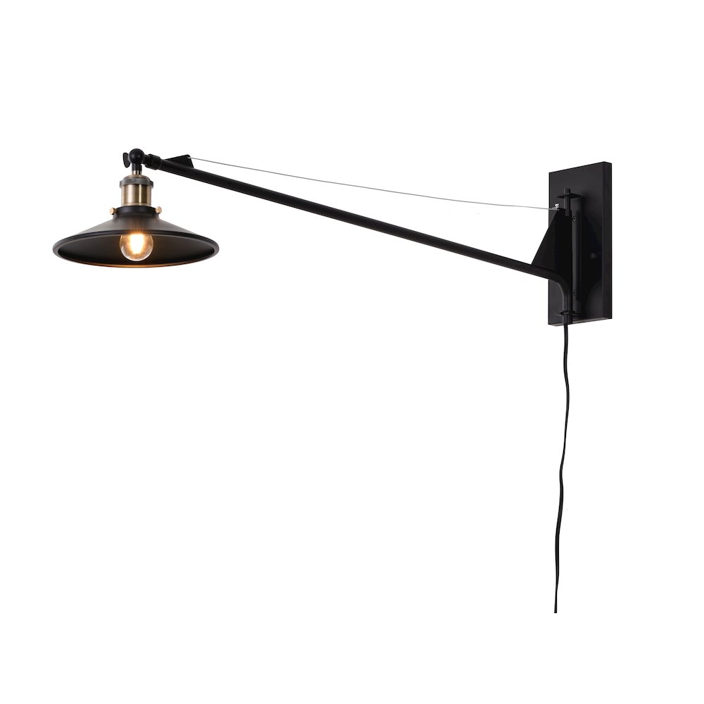 1-Light Black Wall Sconce With A Shade And Antique Brass Hardware. Picture 2