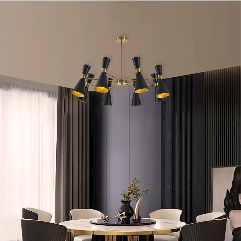 8-Light Gold Chandelier With Sand Black Cone Shades. Picture 3