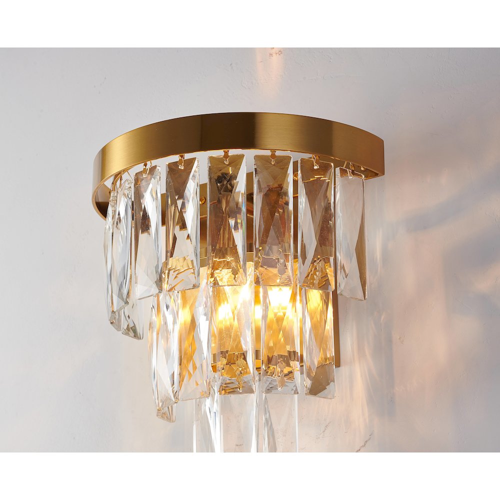 1-Light Satin Brass Wall Sconce With Clear Hanging Crystals. Picture 3