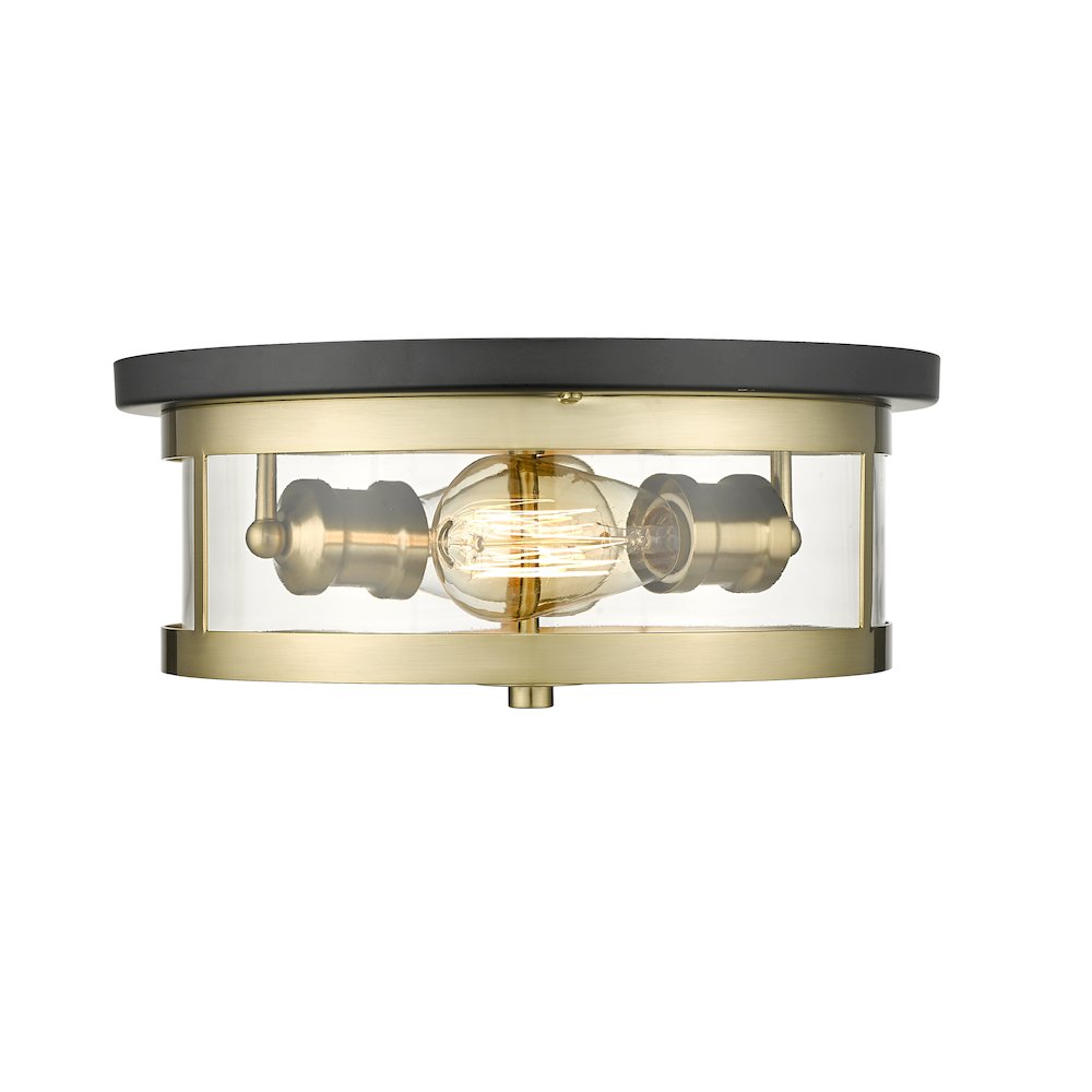2-Light Black And Gold Flush Mount With A Clear Glass Shade. Picture 2