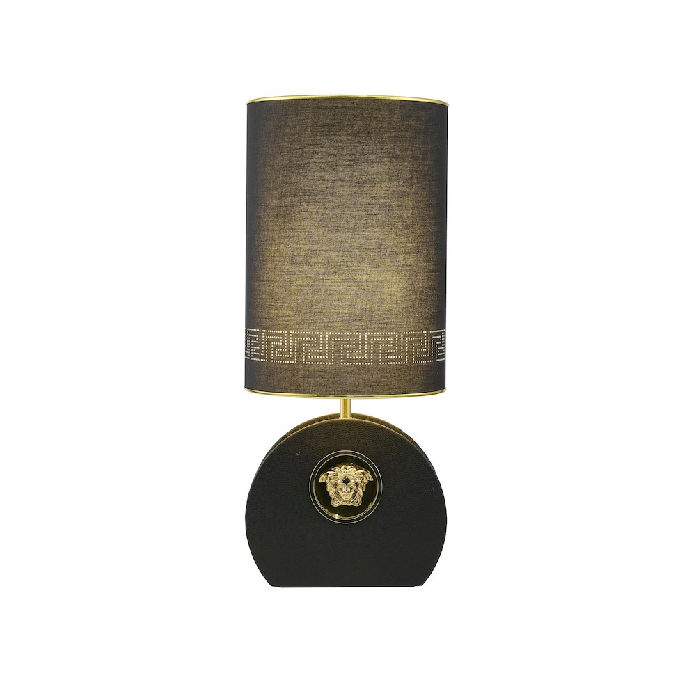 1-Light Black Iron Table Lamp With Leather Cover On Base And A Fabric Shade. Picture 1