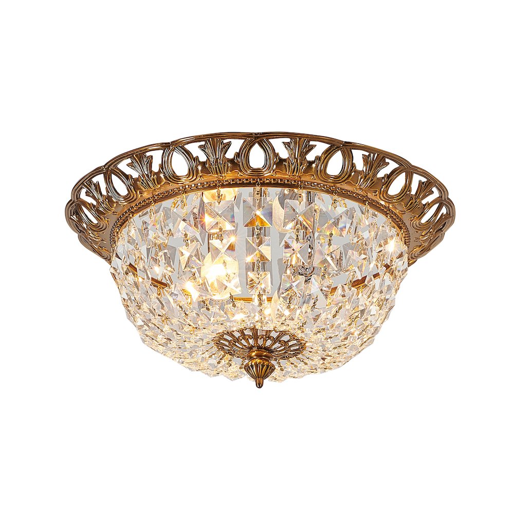 2-Light Antique Gold Flush Mount With Clear Hanging Crystals. Picture 1