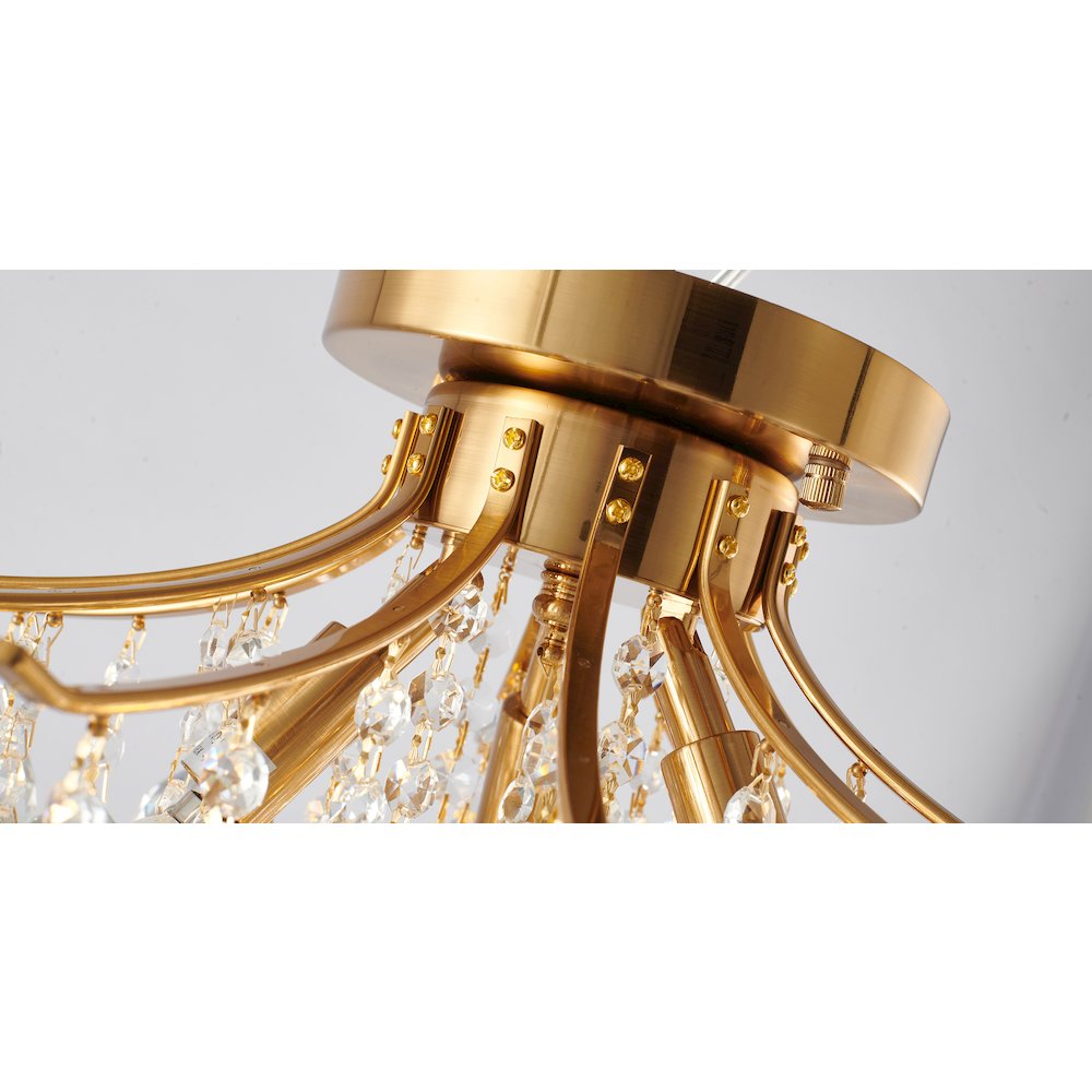 3-Light Satin Brass Metal Flush Mount With Clear Crystals. Picture 3