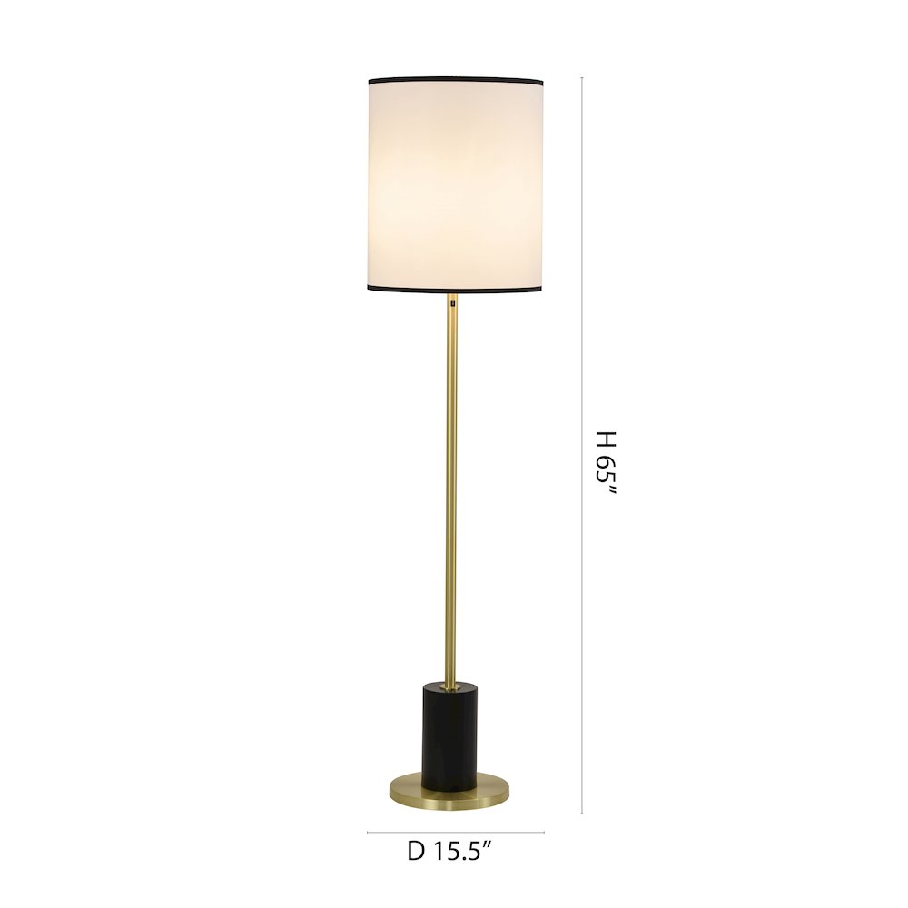 2-Light Black And Satin Brass Floor Lamp With A White Linen Shade. Picture 7