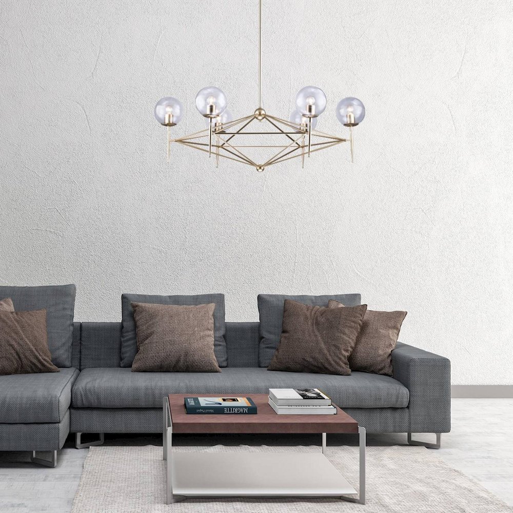 6-Light Gold Iron Chandelier With Clear Glass Shades. Picture 2