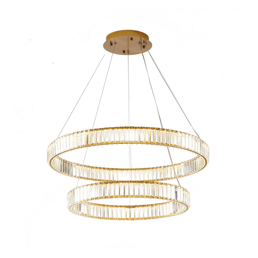 2-Light Gold Steel LED Chandelier With Crystals. Picture 1