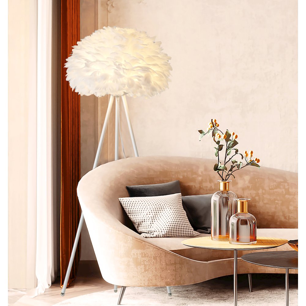 1-Light White Goose Feather Ball Floor Lamp With A White Iron Frame. Picture 3