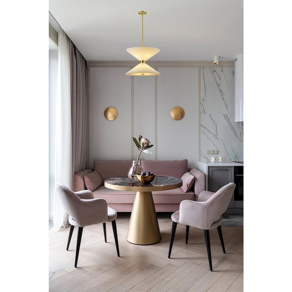 8-Light Satin Brass Pendant Lighting With White Frosted Glass Shades. Picture 7