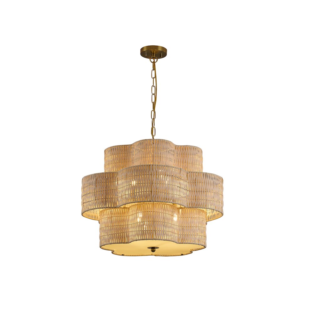 6-Light Brass Chandelier With A Nature Rattan Waved Basket Shade. Picture 1