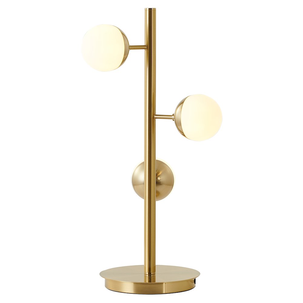 3-Light Brass Metal Table Lamp With White Glass Shades. Picture 1