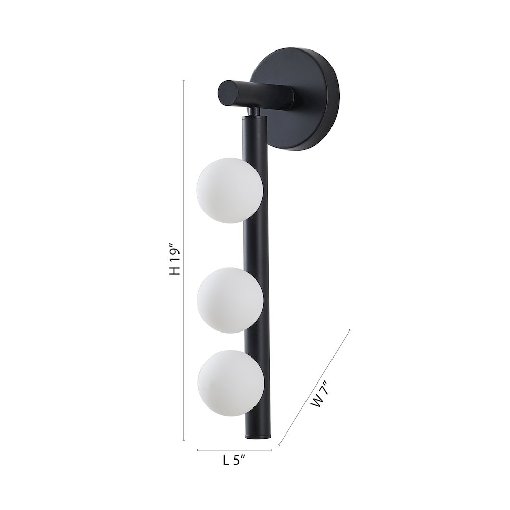 3-Light Matte Black Metal Wall Sconce With Whtie Glass Shades. Picture 6