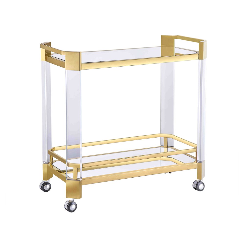This bar cart has a gold stainless steel frame. Picture 1