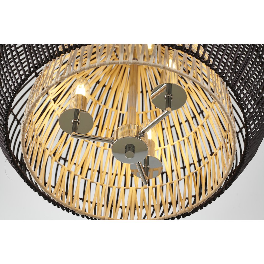 3-Light Chrome Chandelier With Black And Natural Wood Shade. Picture 5