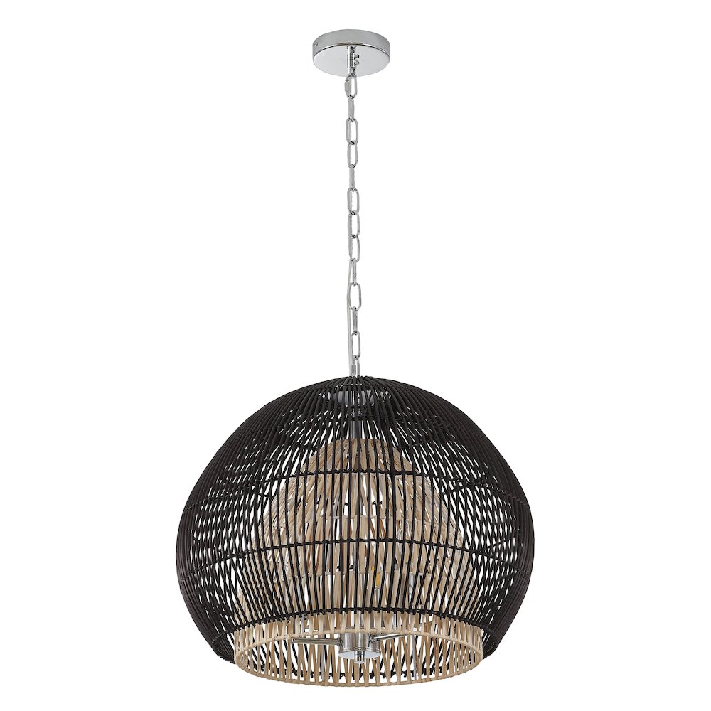 3-Light Chrome Chandelier With Black And Natural Wood Shade. Picture 2