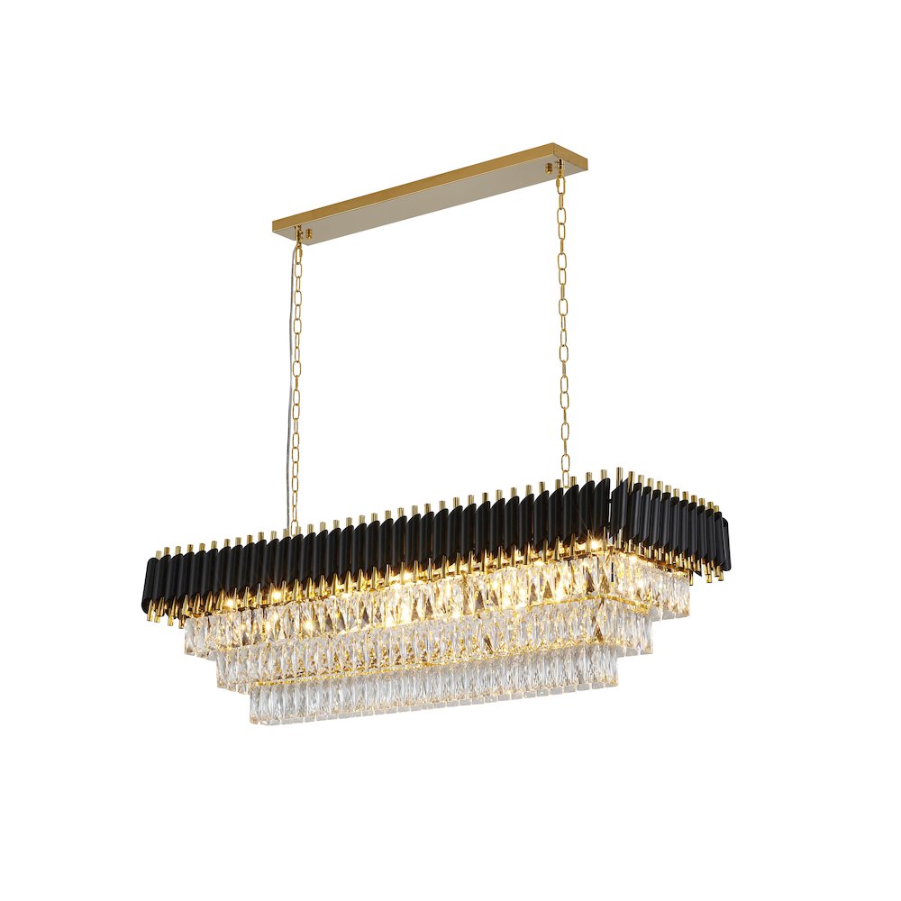 14-Light black and gold chandelier, clear hanging crystal in a rectangular shape. Picture 1