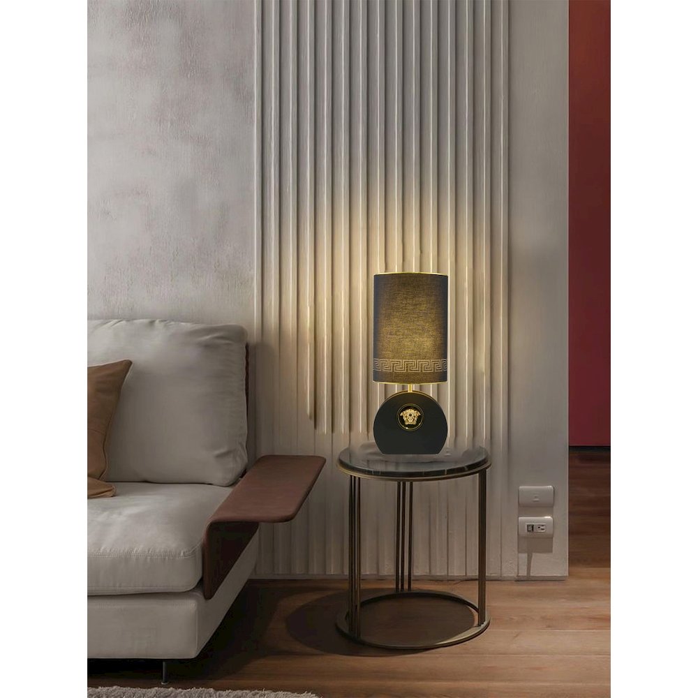 1-Light Black Iron Table Lamp With Leather Cover On Base And A Fabric Shade. Picture 7