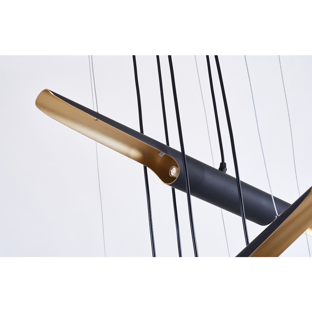 10-Light Matte Black Tubed Chandelier With Gold Interior. Picture 4