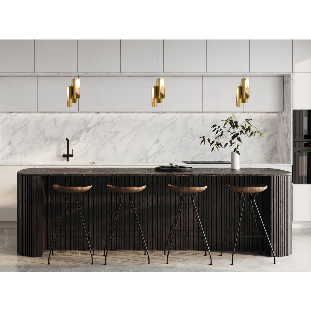 3-Light Satin Brass Aluminum LED Pendant With White Alabaster Accents. Picture 6