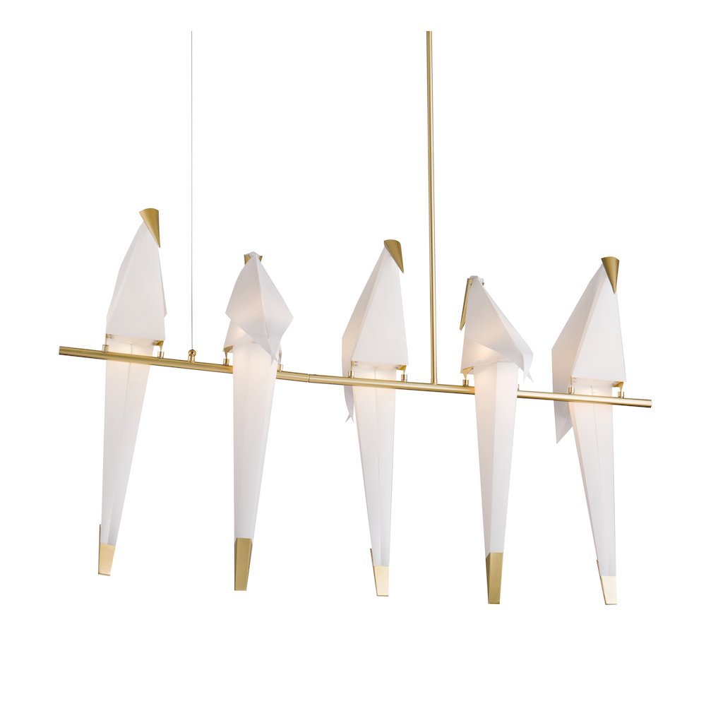 5-Light Gold LED Chandelier With White Plastic Birds. Picture 1