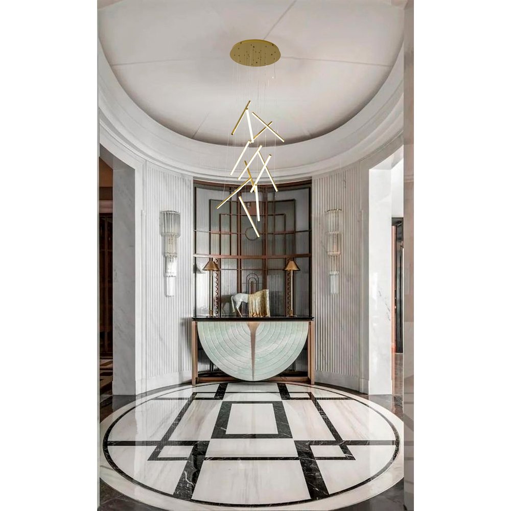 12-Light Brass Metal LED Chandelier With White Acrylic Diffusers. Picture 6