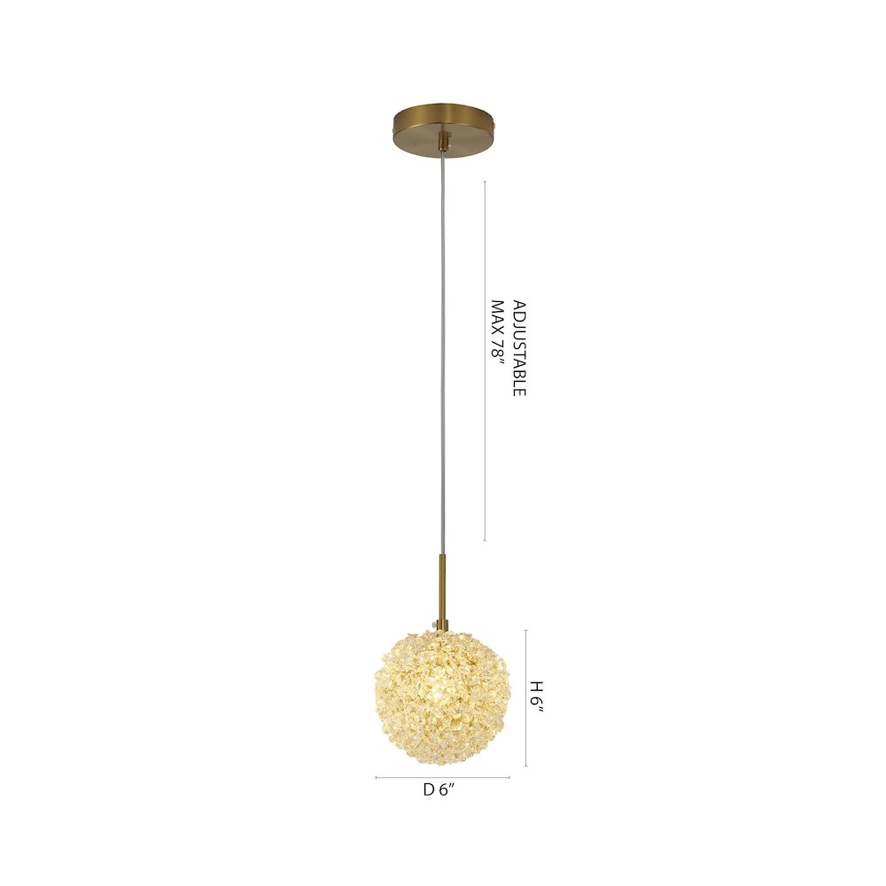 1-Light Brass Steel Single Pendant With Clear Crystal Beaded Ball. Picture 6