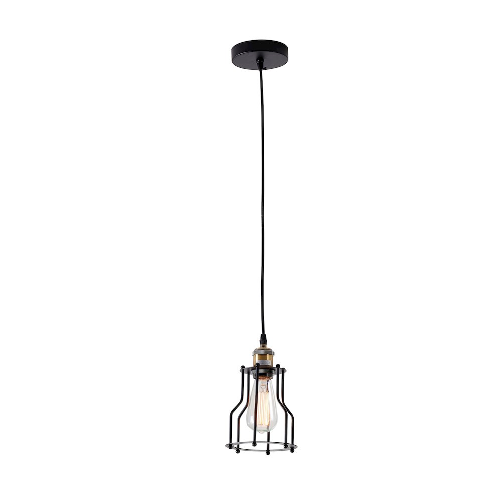 1-Light Black Cage Single Pendant With Brass Hardware. Picture 1