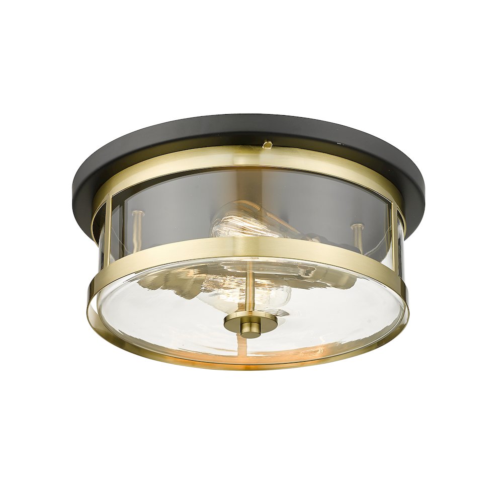 2-Light Black And Gold Flush Mount With A Clear Glass Shade. Picture 1