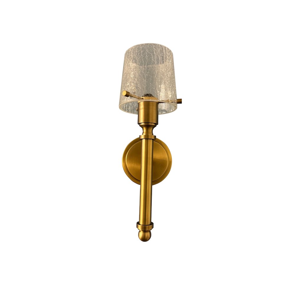 Single brushed brass sconce with crackle glass shade. Picture 1