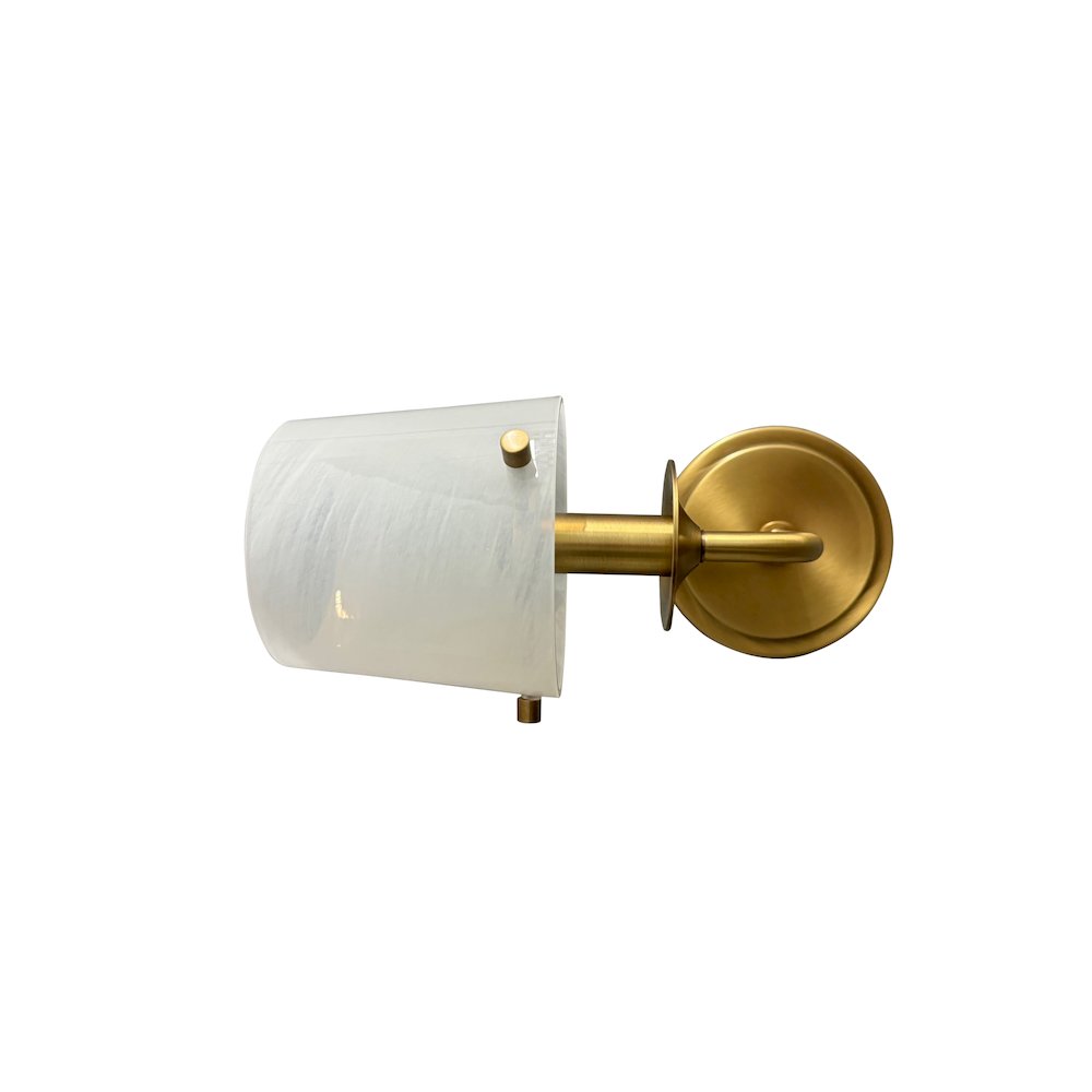 Single brushed brass sconce with curved arm and white swirl glass. Picture 1