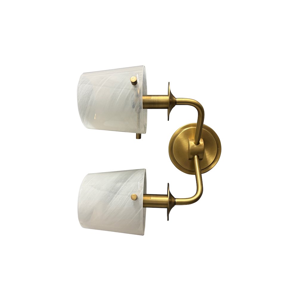 Double brushed brass sconce with curved arm and white swirl glass. Picture 2