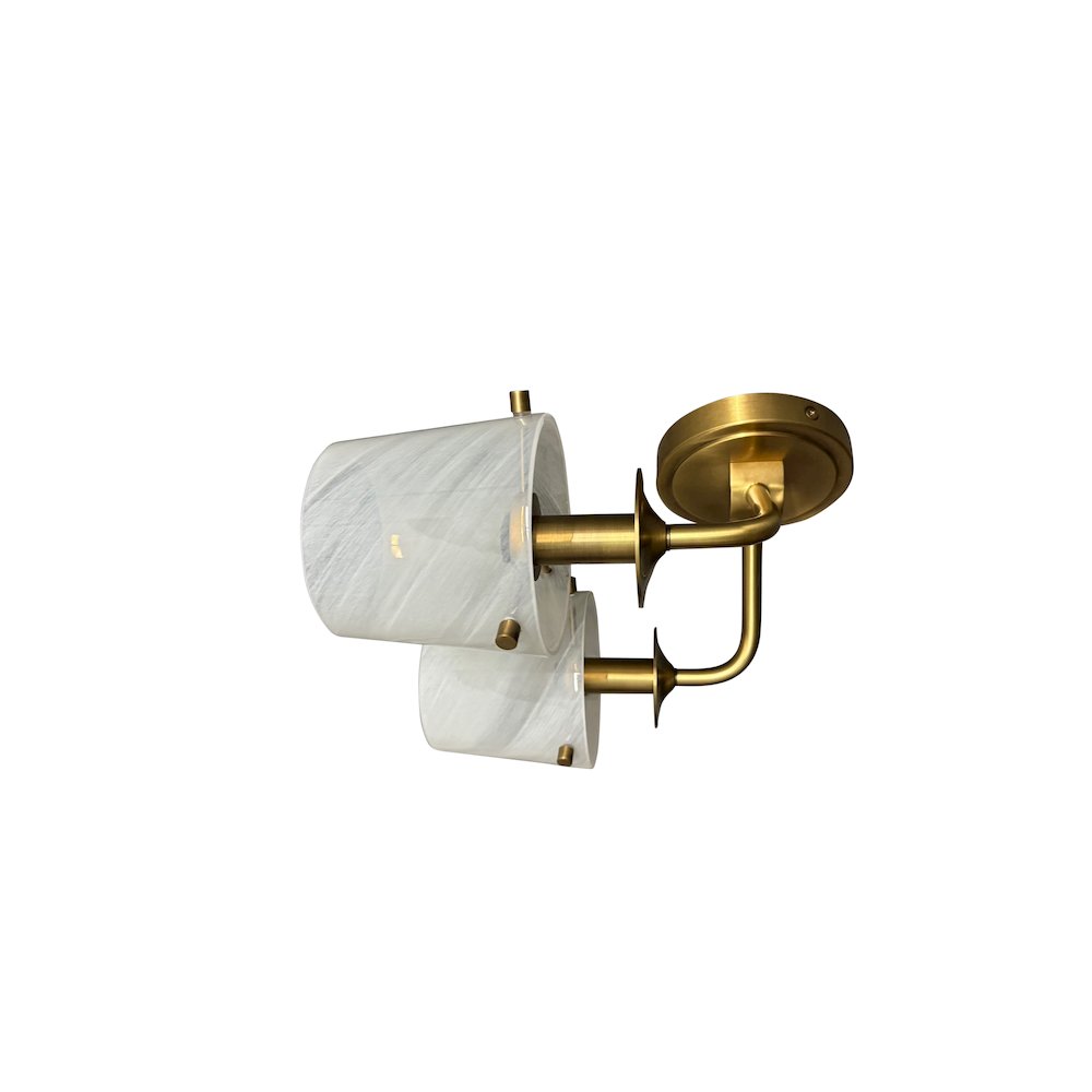 Double brushed brass sconce with curved arm and white swirl glass. Picture 1