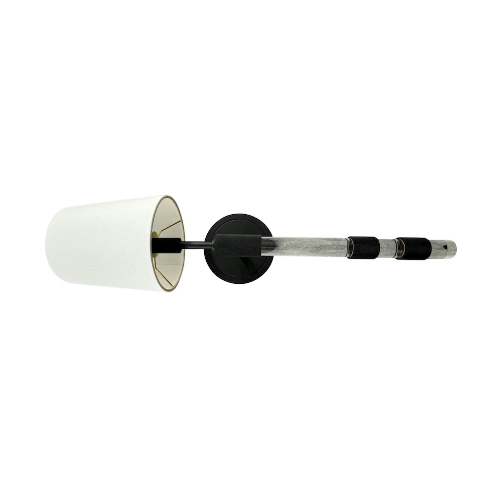 Single black sconce with acrylic/knurled accents and fabric shade. Picture 1