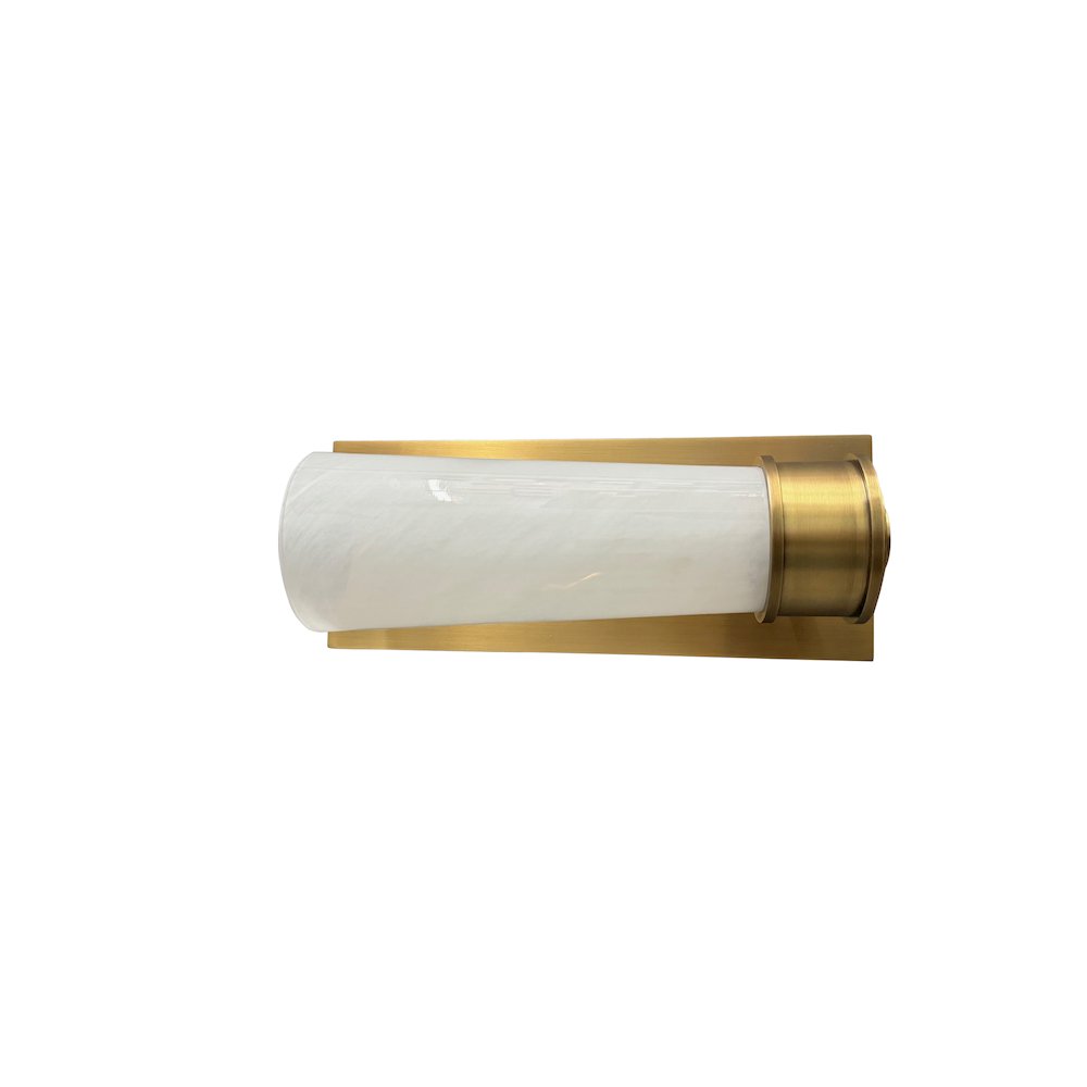 Single brushed brass sconce with rectangular backplate and glass shade. Picture 1