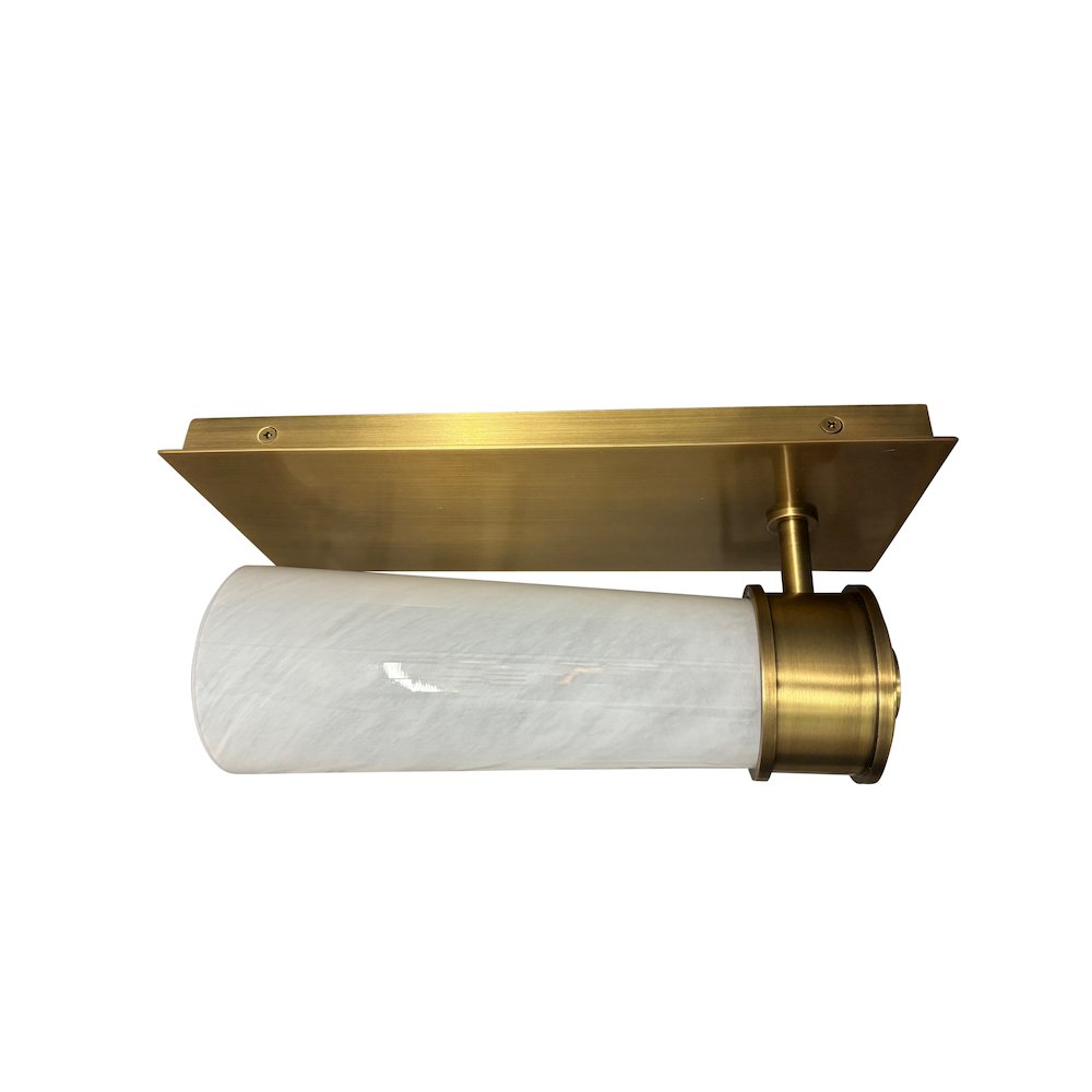 Single brushed brass sconce with rectangular backplate and glass shade. Picture 2